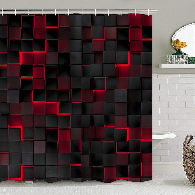 4Pcs Shower Curtain Set Black 3D Cubes Shower Curtain Set Modern Bathroom Sets with Shower Curtain and Rugs Red Shower Curtain with 12 Hooks