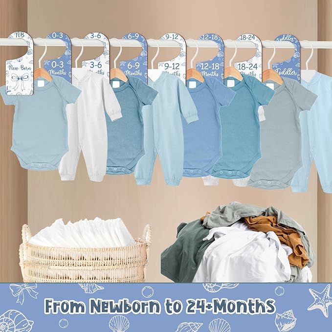 Baby Closet Dividers 8PCS, Blue Shell & Bows Themed Wooden Double-Sided Clothes Size Hanger/Organizer from Newborn to Toddler for Nursery Decor Baby Shower Birthday Party Gift