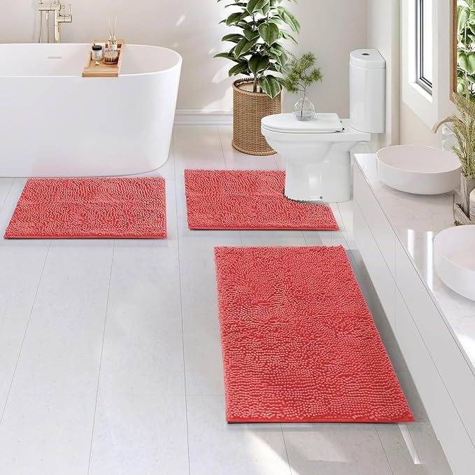 Hearth & Harbor Bathroom Rugs, Chenille Bath Mat - Machine Washable Bath Mats for Bathroom Non-Slip Backing Rubber, Quick Dry Mat - Rose Bath Rug, 17x24-20x32-20x24