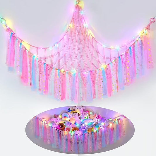 FIOBEE Stuffed Animals Net or Hammock with LED Light, Toy Hammock Hanging Stuffed Animals Storage Organizer Holder Room Décor for Nursery Kids Bedroom
