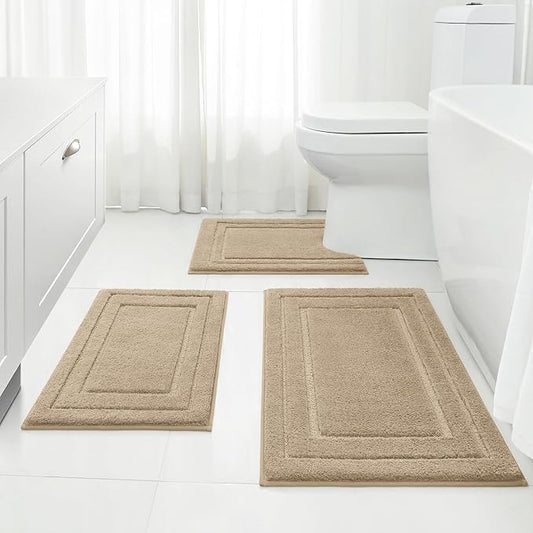 HOMEIDEAS Bathroom Rugs Sets 3 Piece, Super Soft and Absorbent Non Slip Microfiber Toilet Bath Mat with U-Shaped for Bathroom, Farmhouse (Khaki)