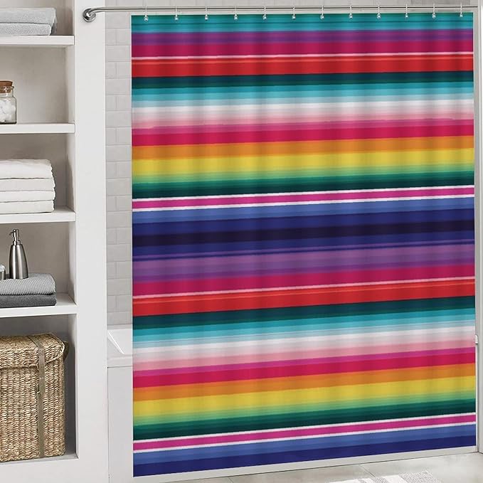 4 Piece Bathroom Rug Set with Shower Curtain, Non-Slip Bath Mat Toilet Cover Set, Colorful Mexican Stripes Bathroom Rug Sets