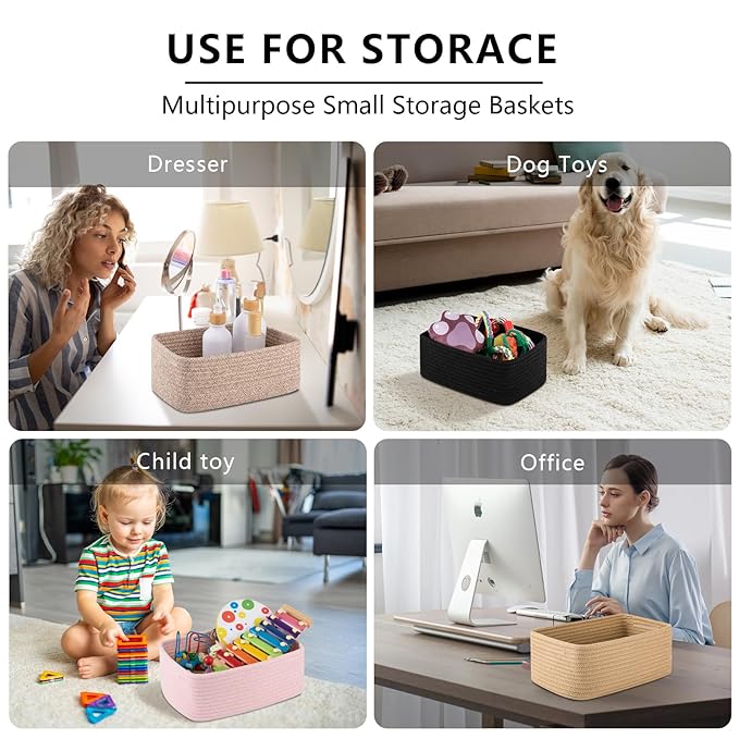 4 Pack Small Storage Shelf Baskets for Organizing, Mini Woven Rope Storage Bins for Towels, Cute Decorative Closet Organizer，Baby Nursery, Gift Empty Baskets -11.81''Lx7.87''Wx4.72''H-Pink