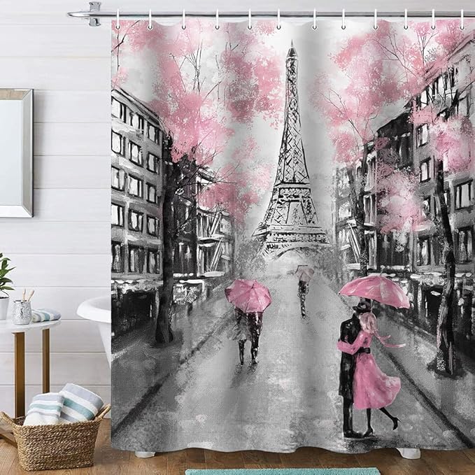 4Pcs Paris Cherry Blossom Shower Curtain Set, Black and Pink Eiffel Tower Bathroom Set with Shower Curtain, Romantic Cityscape Bath Decor for Women, Girly Bathroom Accessories