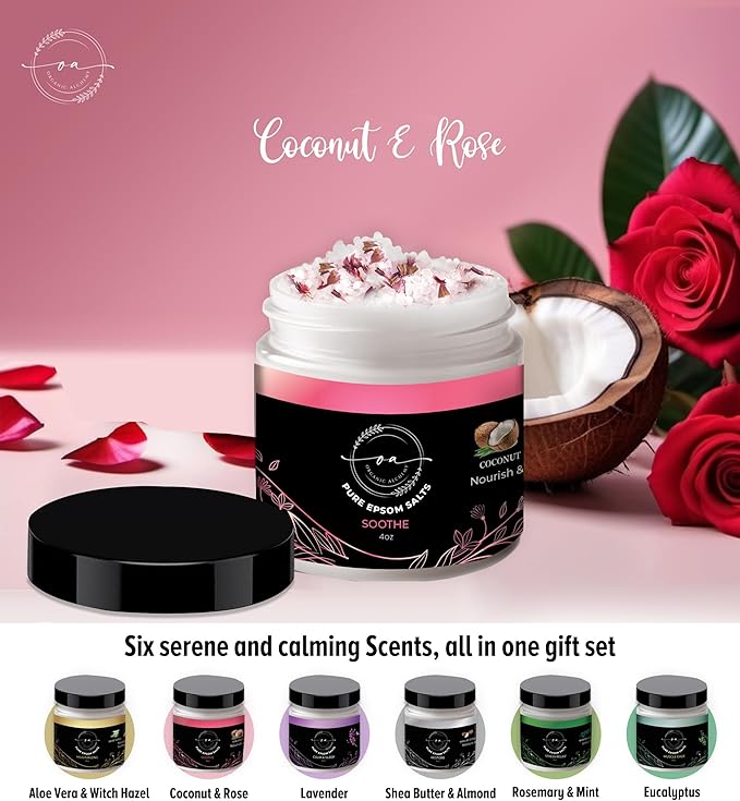 Epsom Bath Salts Gift Set, Relaxing Spa Salt & Essential Oils, Bubble Bath Soaks - Lavender, Eucalyptus, Coconut, Shea Butter, Rose Mary & Aloe Vera Self Care Gifts for Women (6 Pack)