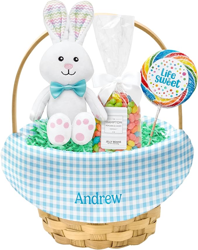 Let's Make Memories Personalized Easter Basket for Kids- For Boys - For Girls - Create Your Own - Fillable - Wicker - Easter Basket Stuffers - Small - Blue Spring Gingham