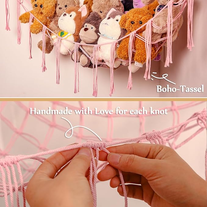 Stuffed Animals Hammock Corner Hanging Net for Macrame Stuffed Animal Storage Plush Toy Holder Toy Organizer for Boho Nursery Playroom Bedroom Kids Room Decor (light pink, Large)