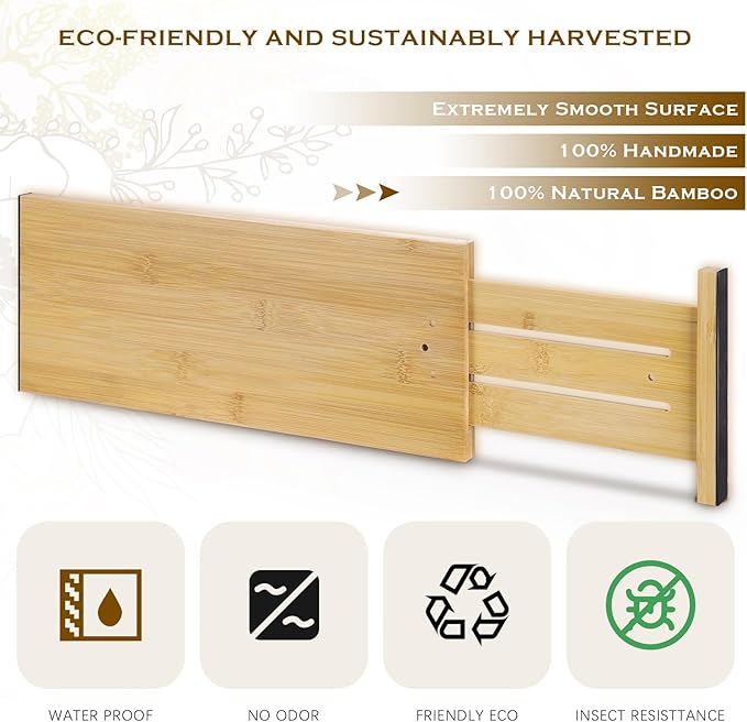 8 Pcs Deep Bamboo Drawer Dividers, Deep Kitchen Dresser Drawer Organizer with Spring Loaded for Clothes, Adjustable Expandable from 15-22 Inch (Wood Color,6 Inch)