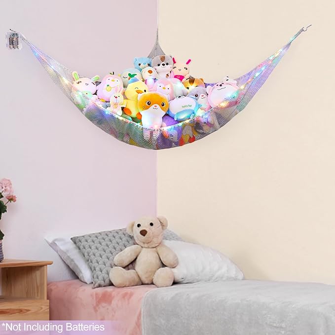 Basumee Stuffed Animals Net or Hammock with LED Light Hanging Toy Net Hammock for Stuffed Animals Storage Stuff Animals Hammocks for Nursery Room with Remote Control, 8 Kinds of Lights(Pack of 1)