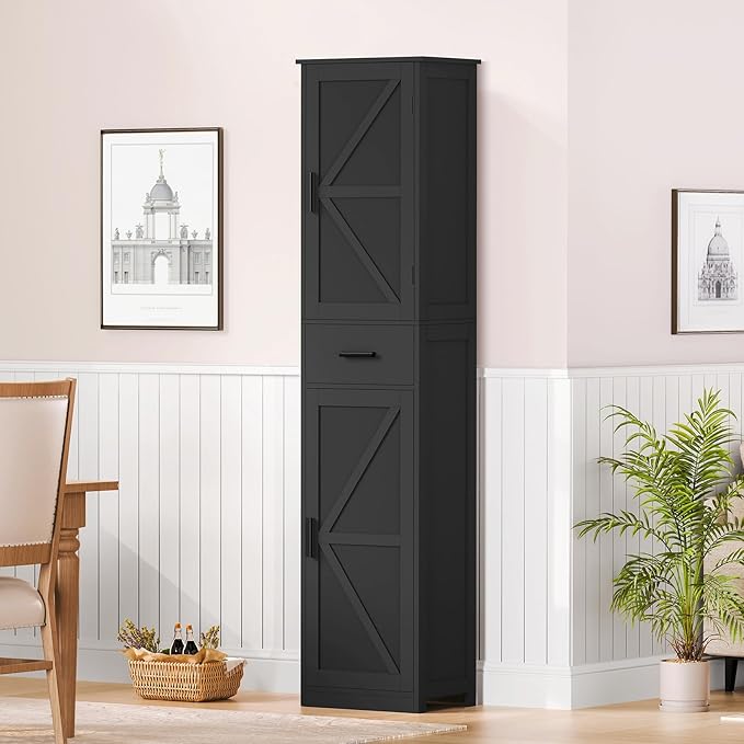 WEENFON Tall Bathroom Cabinet, Storage Cabinet with 6 Shelves & Drawer, Bathroom Storage Cabinet with Adjustable Shelves, Tall Cabinet for Living Room, Home Office, Black