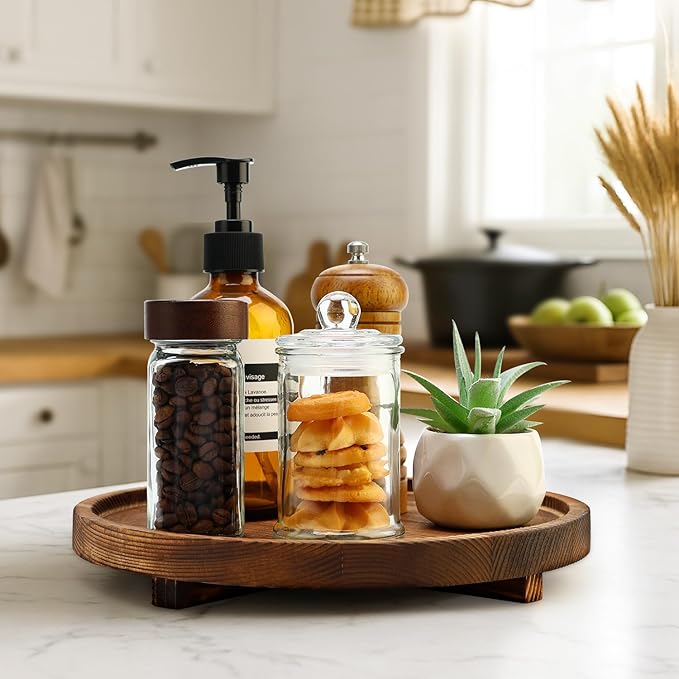 12 inch Large Round Decorative Tray Wood Bathroom Counter Organizer Farmhouse Kitchen Decor Wooden Riser for Perfume Soap Dish Wood Decorative Candle Holders for Home Decor Brown Table Centerpieces
