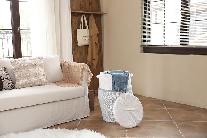 26" x 20" Handcrafted Tall Cotton Rope Basket with Lid, Stylish Flagon Shape with Cover, Clothes Hamper with Top, for Bedroom and Living Room, White/Grey Mix