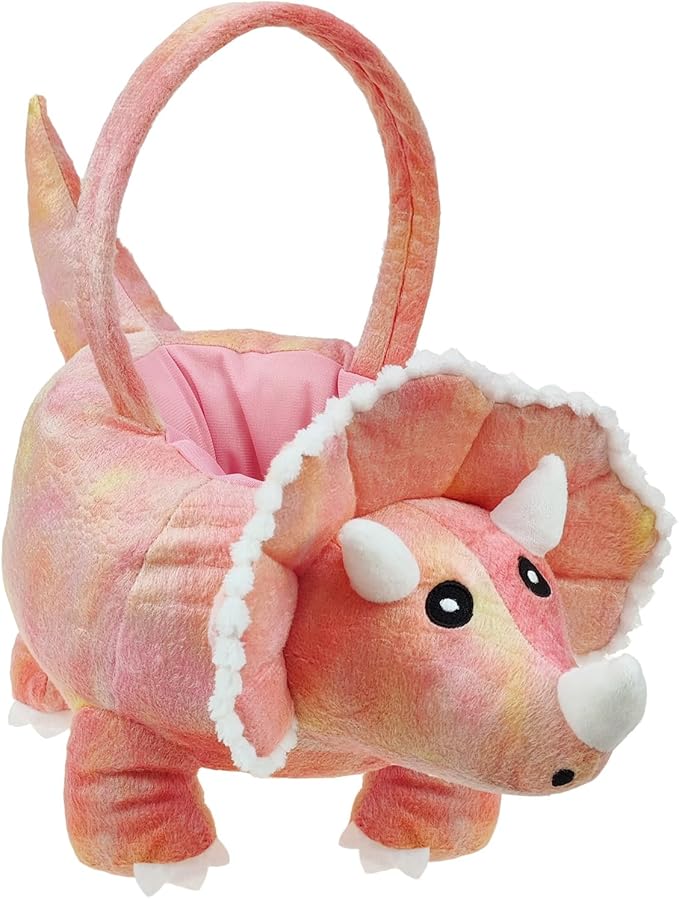 DearSun 3D Triceratops Plush Basket Easter Egg Hunting Basket, Cute Animal Plush Baskets for Easter Decorations Party Supplies Candy Gifts Storage, Pink