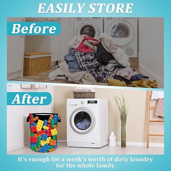 Colorful Building Blocks Laundry Basket, Funny Bricks Laundry Hamper Foldable Waterproof Tote Bag Dirty Clothes Storage Bucket Toy Organizer for Bathroom/Laundry/Bedroom 15.7"x19.6"