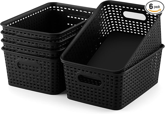 AREYZIN Plastic Storage Baskets Set of 6 Sturdy Small Organizer Bins Storage Baskets for Shelves,Closet,Countertops, Desktops, Cabinets and Badrooms,Black