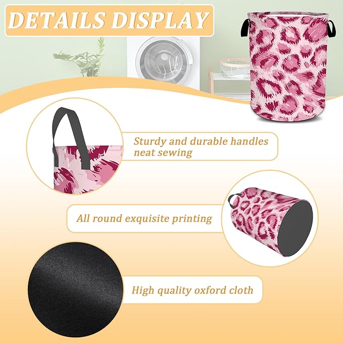 Pink Leopard Print Laundry Basket, Animal Skin Laundry Hamper Foldable Waterproof Oxford Cloth Funny Tote Bag Dirty Clothes Storage Bucket Toy Organizer for Bathroom/Laundry/Bedroom 15.7"x19.6"