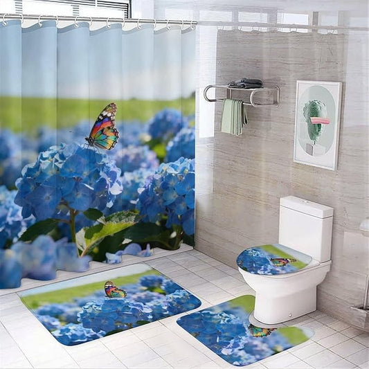 4 Piece Bathroom Rug Set with Shower Curtain, Non-Slip Bath Mat Toilet Cover Set, Flower Balls Bathroom Rug Sets