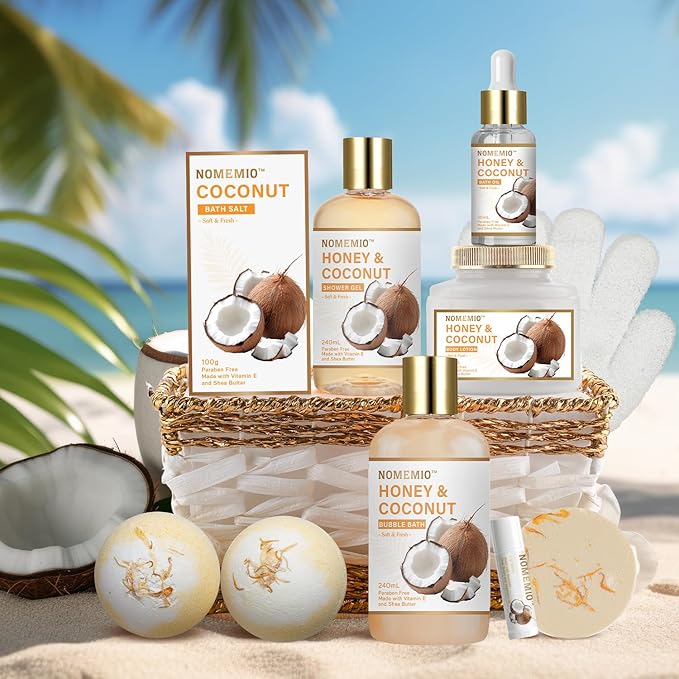 Valentine's Day Gift Baskets, Spa Gift Basket for Women, 11pcs Honey & Coconut Luxury Bath Gift Set, Spa Kit with Shower Gel, Bubble Bath, Bath Bombs , Beauty Gifts for Her, Women, Mom Birthday