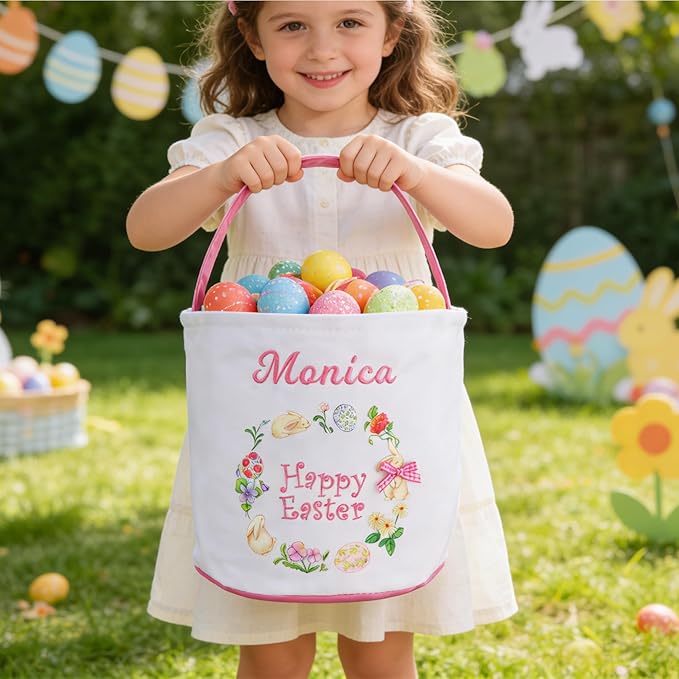 MT WORLD Toddler Easter Basket Personalized Easter Egg Bucket for Kids with Embroidered Name Pink Bunny Bucket Custom Candy Tote Bag for Baby Girls Candy Gifts Bucket