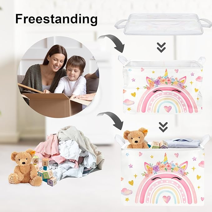 Clastyle Adorable Rainbow Laundry Basket Kids Clothes Book Storage Basket Gift Toy Box for Bedroom Decor,Unicorn,40x30x30 cm