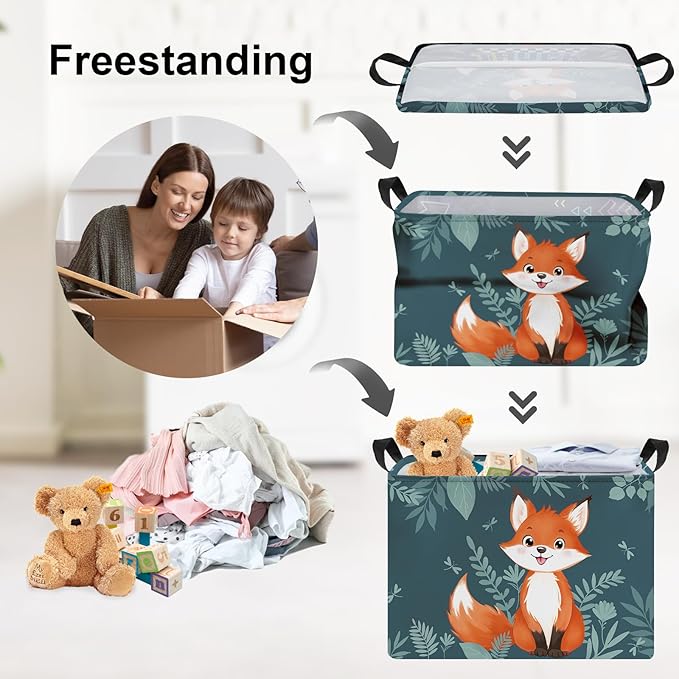 Clastyle Cute Woodland Animal Laundry Basket Kids Clothes Book Storage Basket Gift Toy Box for Bedroom Decor,Fox,40x30x30 cm