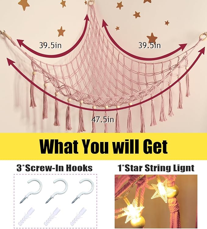 Stuffed Animal Storage Hammock Corner with LED Light - Toy Hanging Organizer Plushie Net - Pink Room Decor for Teen Girls - Cute Bedroom Aesthetic Nursery Kids Baby Toddler