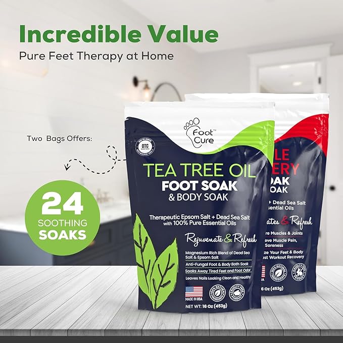 FOOT CURE Tea Tree Oil & Muscle Foot Soak with Epsom Salts - All-Natural Salts for Post-Workout Recovery - Softens Calluses, Soothes Sore & Tired Feet, Foot Odor Control, Spa Pedicure (Pack of 2)
