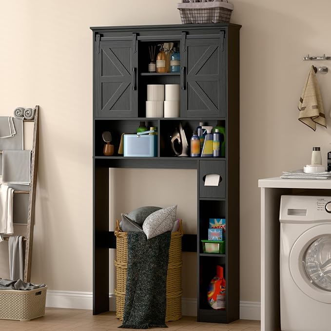 Over The Toilet Storage Cabinet,Farmhouse Space-Saving Toilet Rack with 2 Sliding Barn Doors,Bathroom Organizer with Toilet Paper Holder Stand & Storage Shelves,for Laundry, Bathroom,Restroom