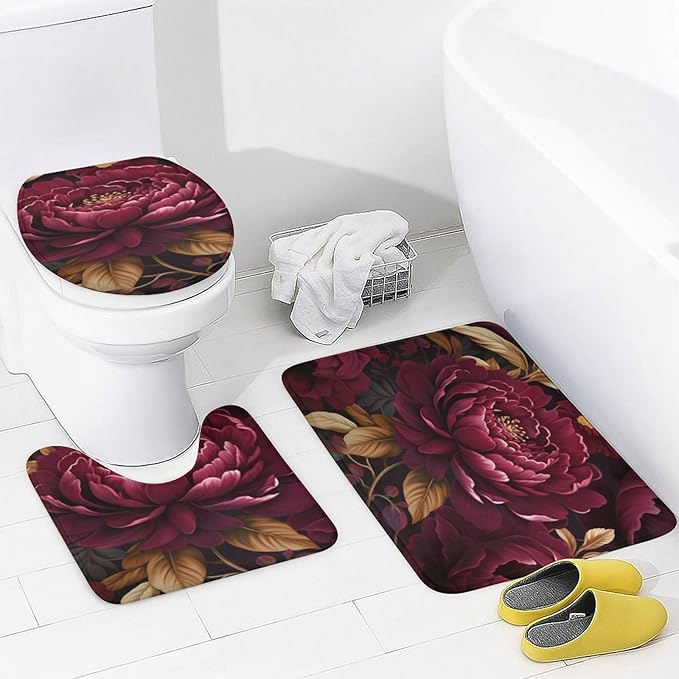 4 Pcs Shower Curtain Sets Bathroom Decor Set with Non-Slip Rugs Toilet Lid Cover and Bath Mat Elegant Burgundy Floral Durable and Waterproof Watercolor Boho Burgundy for Bathroom Decor Set