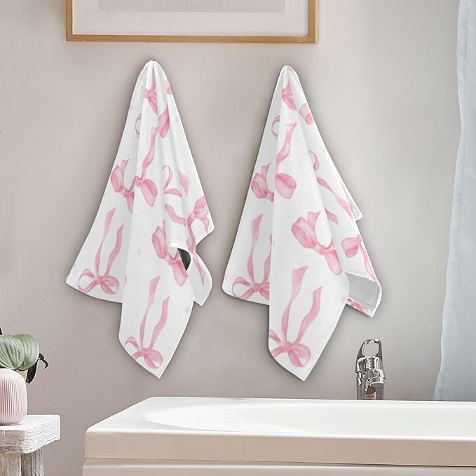 2 Pcs Cute Pink Bows Hand Towels for Bathroom,Soft Absorbent Decorative Watercolor Bowknot Kitchen Towels Aesthetic Girly Bow Pink White Guest Bathroom Towels for Bath,Face,Shower,Gym 14"x28"