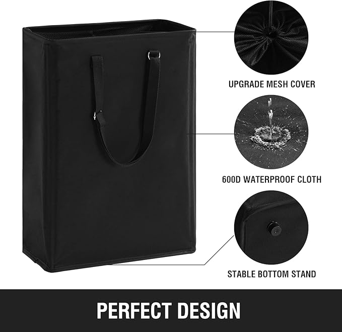 TECHMILLY Slim Laundry Hamper with Adjustable Long Handles, 45L Small Laundry Baskets with Mesh Top, Narrow Dirty Clothes Hamper for Bedroom, Closet, and Bathroom - Black, 2 Packs