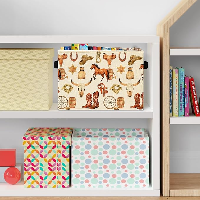 Western Cowboy Horse Storage Bins Box with Handles, Vintage Cowboy Boots Hat Bull Skull Southwestern Laundry Basket Hamper Collapsible Clothes Toys Organizer for Bedroom Bathroom Home