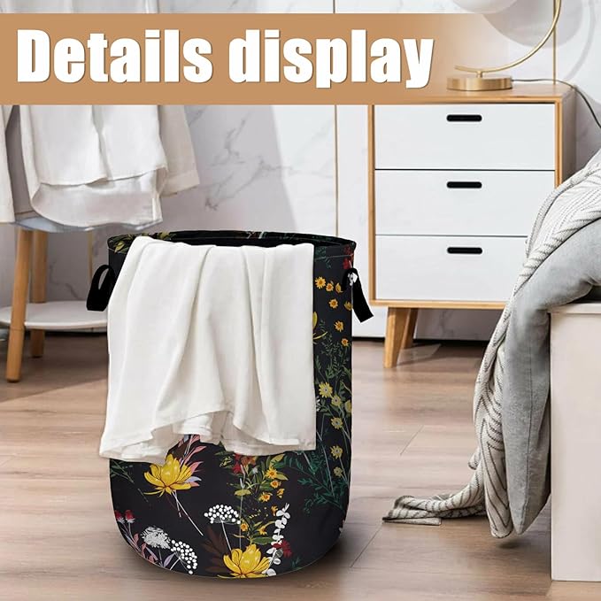 Wildflower and Herb Laundry Basket, Spring Flower Laundry Hamper Tote Bag Dirty Clothes Storage Bucket Toy Organizer for Bathroom/Laundry/Bedroom 15.7"x19.6"
