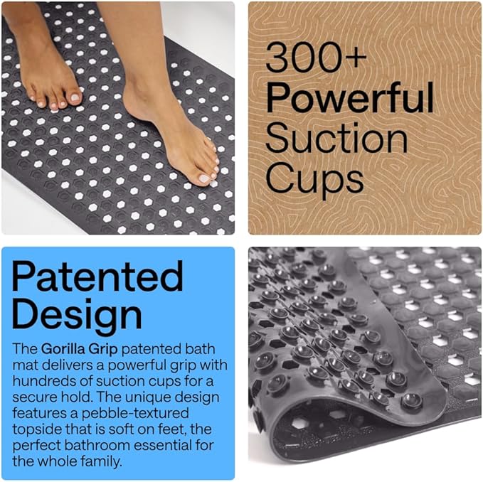 GORILLA GRIP Patented Bath Tub Shower Mat, Machine Washable Bathtub Floor Liner Mats, Suction Cups and Drain Holes to Keep Tubs Clean, Soft on Feet, Bathroom Essentials, 35x16 Inch, Charcoal Opaque