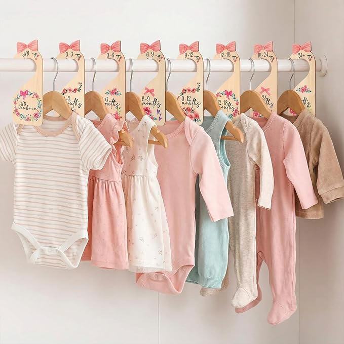 8Pcs Baby Closet Dividers Double Sided Baby Clothes Dividers Beautiful Wooden Nursery Clothes Size Hanger Organizer Minimalist Cute Design Decor Cloth Hanger Divider for Cloth Organizer