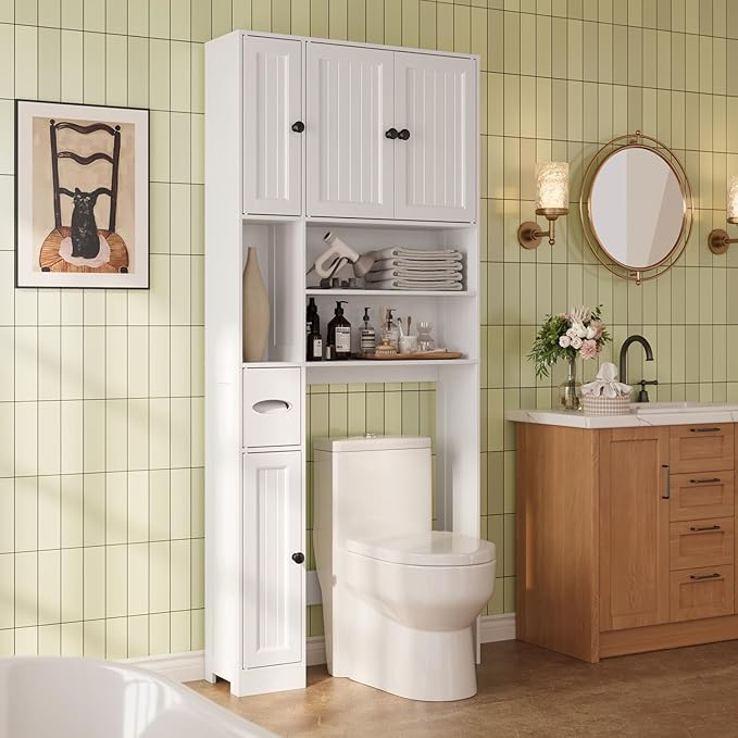 Ahomly Over The Toilet Storage Cabinet with Adjustable Shelves and Five Doors, Over Toilet Bathroom Organizer, Above Toilet Storage Cabinet with Open Shelves for Bathroom, Restroom, Laundry, White