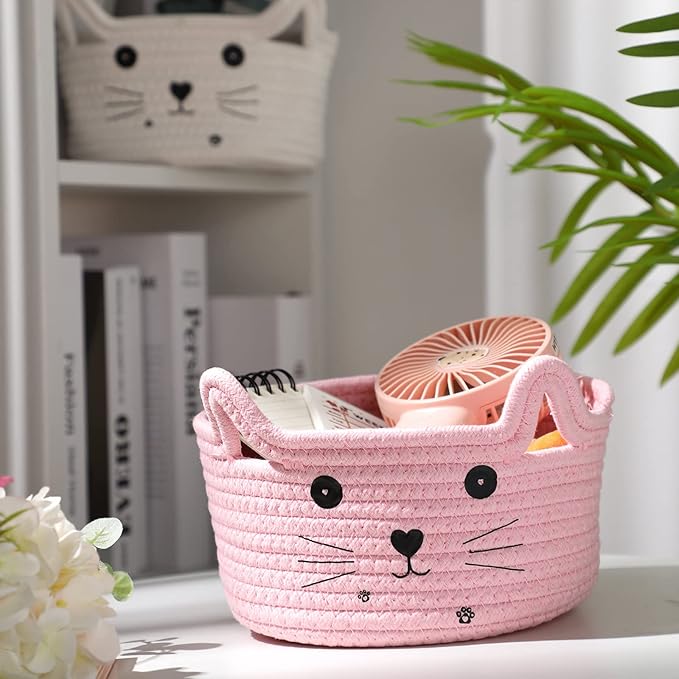 Zopeal Cat Basket Storage Woven Organizer with Ears Christmas Decorative Pet Toy Cute Cotton Rope Basket for Gift Cat Dog Toy Bin Nursery Room(8.3 x 4.7 Inch,Pink)