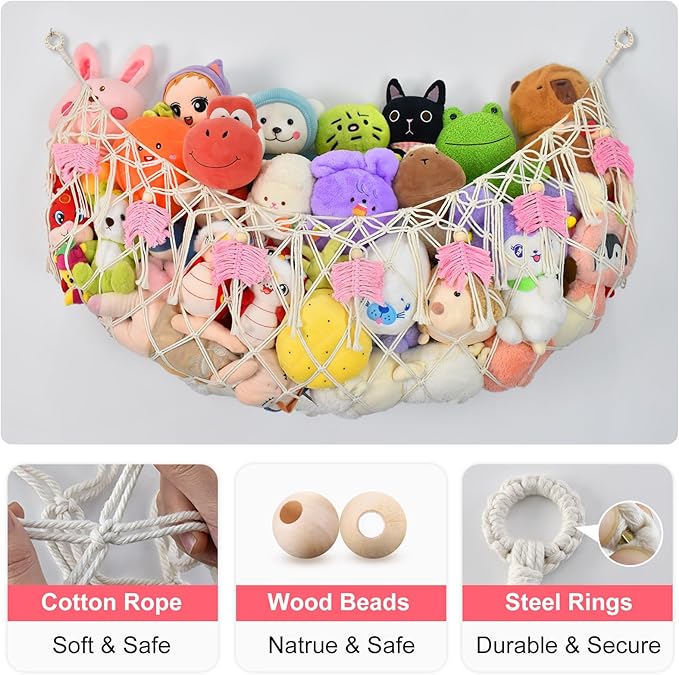60"Stuffed Animal Net or Hammock for Stuffed Animal Storage,Flat Wall Mounted Hanging Net Organizer for Kids Plush Toys,Space-Saving Wall Storage with Hooks,Durable Mesh for Nursery & Playroom (White)