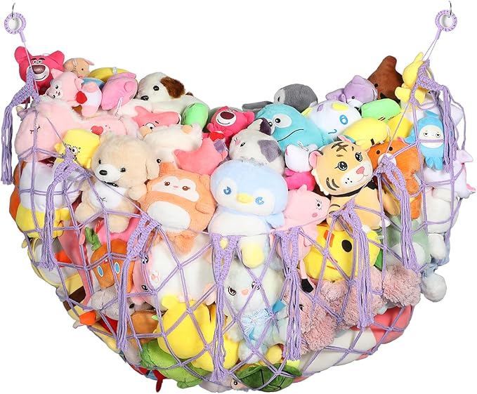 Yecaye 60 IN Stuffed Animal Net Hammock, Hanging Stuffed Animal Storage with Handmade Macrame Tassels, Net for Stuffed Animals Corner Large for Nursery Living Room Wall Decoration, Lavender Purple