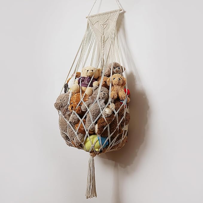 Stuffed Animal Net or Hammock Wall Hanging Net Over Door Organizer for Stuffies Plush Toy Storage Boho Macrame Toy Display Nursery Bedroom Decor Stuffy Animal Toy Organizer (Cream)