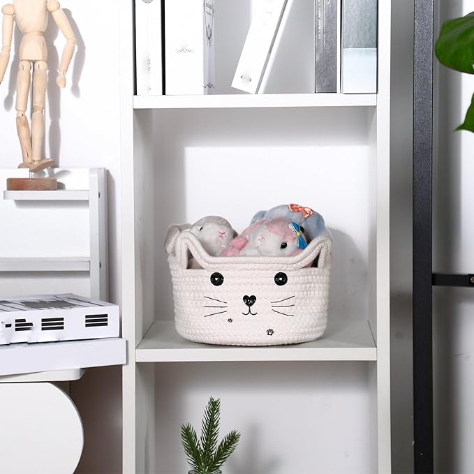 Zopeal Cat Basket Storage Woven Organizer with Ears Christmas Decorative Pet Toy Cute Cotton Rope Basket for Gift Cat Dog Toy Bin Nursery Room(8.3 x 4.7 Inch,White)