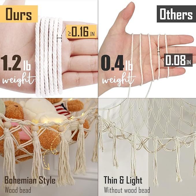 Stuffed Animal Hammock 75LEDs, 20 Colors Warm White 55in Extra Large Storage Macrame Hammock with Remote, USB Powered Hanging Plush Animal Net for Kids Bedroom Doll Room Corner Organizer(XL)
