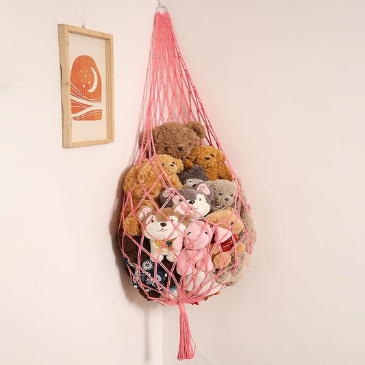 Stuffed Animal Net or Hammock Corner Hanging Net for Stuffy Animal Storage Macrame Toy Display Plush Toy Holder Wall Pet Net for Nursery Kid Bedroom Decor Playroom Organizer (Pink XL)
