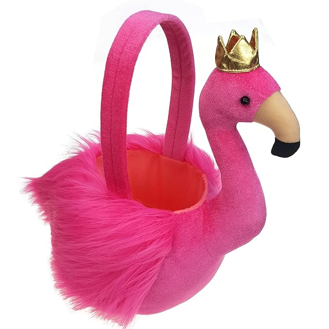 DearSun Exquisite Embroidery Name ! Personalized Easter Egg Hunting Basket 3D Plush Flamingo Basket, Lovely Candy Gift Bucket with Customization