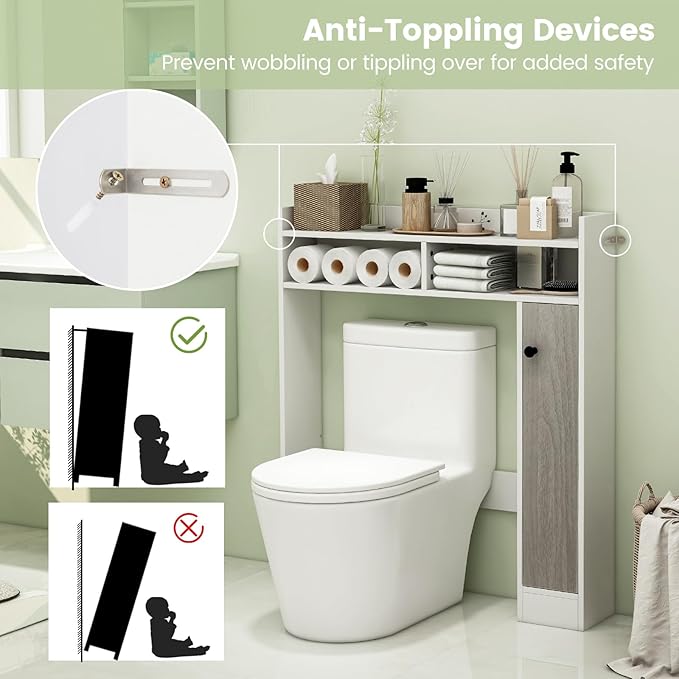 Giantex Short Over The Toilet Storage Cabinet, Bathroom Organizer w/Single Door Cabinet & Adjustable Shelves, Freestanding Space Saver Above Toilet Storage for Restroom, Laundry Room (White)