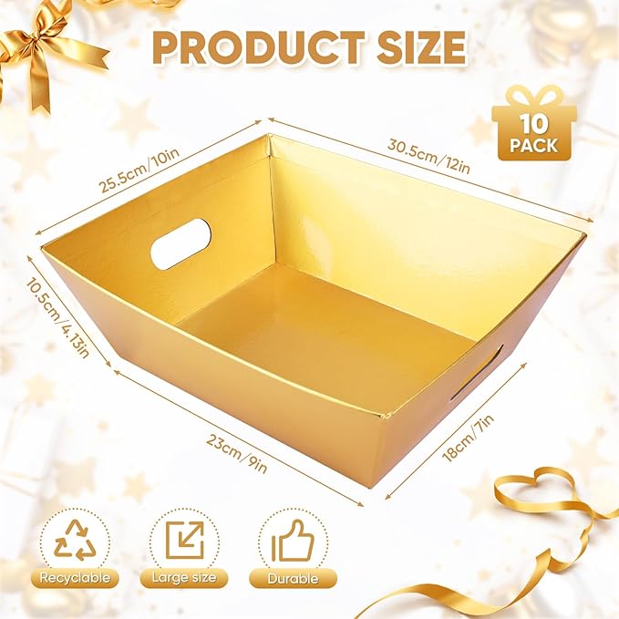 AFOROEOA 10PACK Gold Baskets For Gifts Empty, 10x12” Thick Gift Basket with 10 Bows 10 Bags Empty Gift Baskets for Christmas, Valentine’s Day, Easter, Birthdays, Valentine’s Day Wrapping Gift