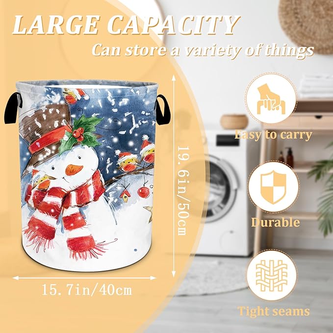 Christmas Laundry Basket, Winter Snowman Laundry Hamper Foldable Waterproof Oxford Cloth Funny Tote Bag Dirty Clothes Storage Bucket Toy Organizer for Bathroom/Laundry/Bedroom 15.7"x19.6"