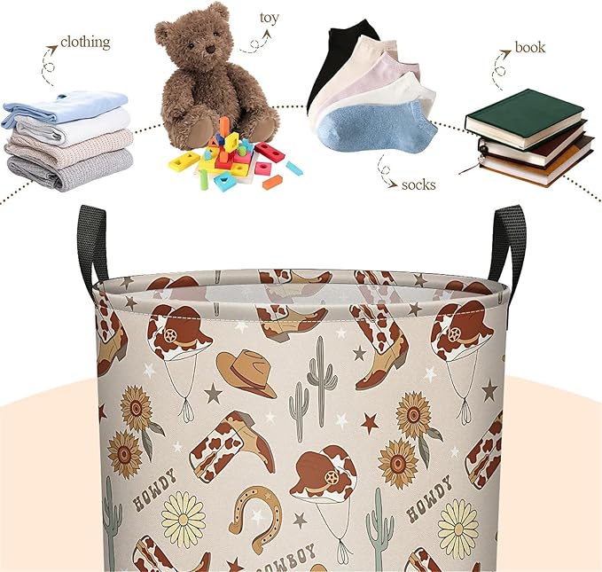 Western Cowboy Cactus Laundry Basket for Boy, Large Canvas Collapsible Organizer Storage Laundry Hamper Basket for Nursery,Office,Toy Organizer,Home,Decor - 19.7" X 15.7 "