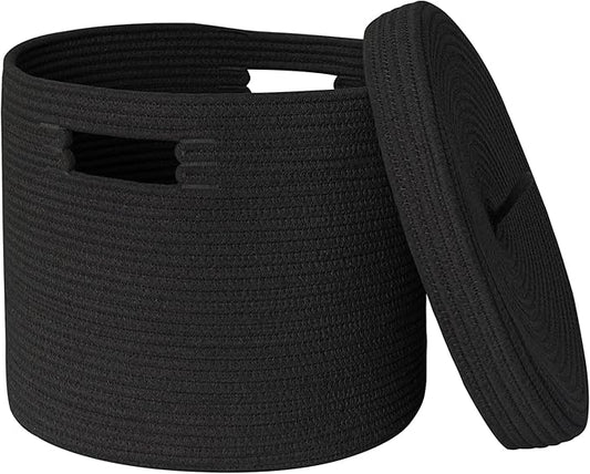 Storage Basket with Lid, 15” x 13” Lidded Blanket Basket Living Room, Black Woven Baskets for Storage, Nursery Kids Cotton Rope Toy Bin Box with Cover, Wicker Laundry Basket Pillow Holder