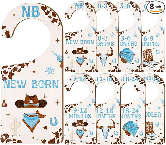 Baby Closet Dividers 8PCS, Western Cowboy Theme Wooden Double-Sided Clothes Size Hanger Organizer from Newborn to Toddler for Nursery Decor Baby Shower Birthday Gift